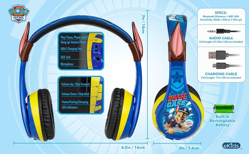 eKids Paw Patrol Kids Bluetooth Headphones, Wireless Headphones with Microphone Includes Aux Cord, Volume Reduced Kids Foldable Earphones for School, Home, or Travel - Image 5